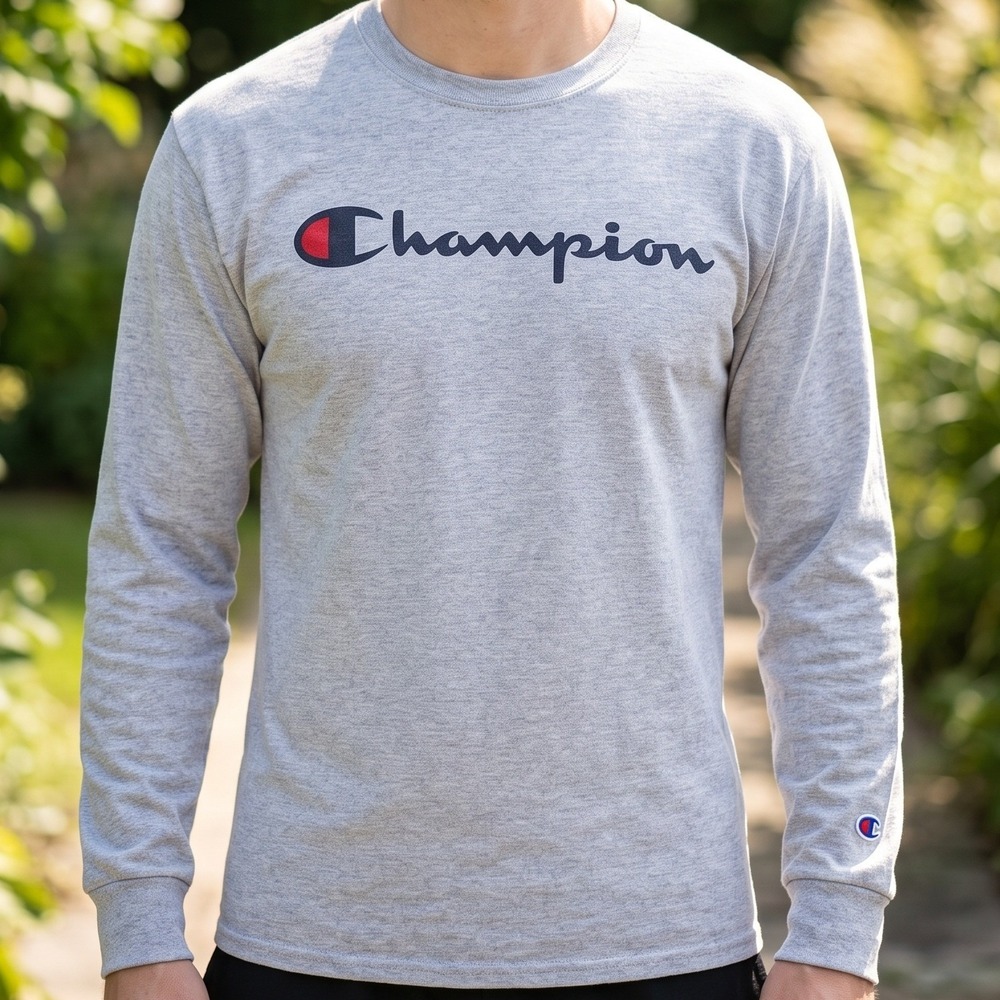 Champion Mens Long Sleeve Script Logo Tee Heather Gray Athletic Shirt